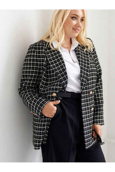 Длинный твидовый жакет в клетку с прорезными карманами Ketty К-00830 черный - фото 1