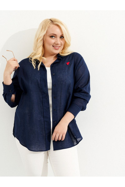 Летняя оверсайз рубашка из льна с декоративной тесьмой Ketty К-03840 синий - фото 3