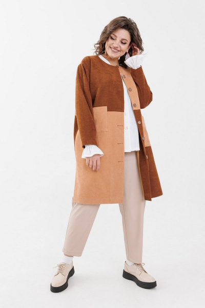 Жакет из вельвета с накладными карманами и застежкой на пуговицы Anelli 1271 кэмэл - фото 4