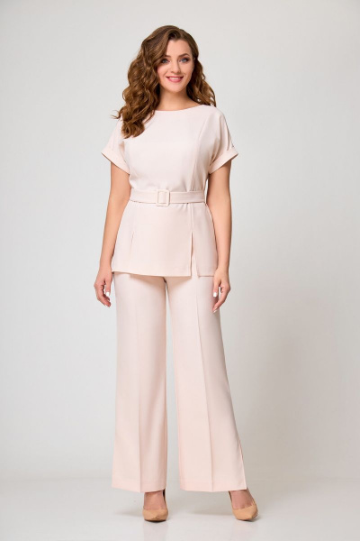 Летний костюм из текстиля с вышивкой и воланами Мишель стиль 1045-1 пудра - фото 5