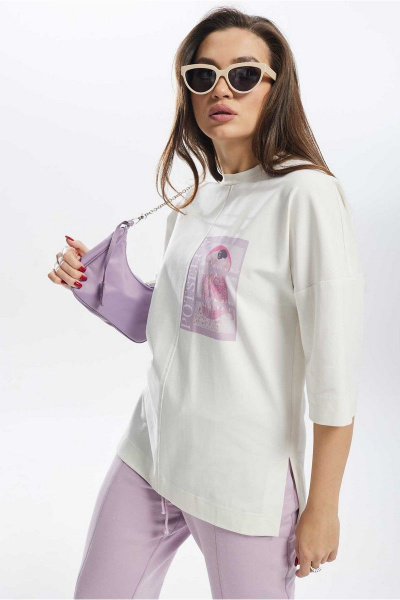 Летний комплект брюк и джемпера свободный стиль Mislana С896 белый+лиловый - фото 5