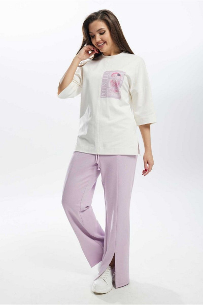 Летний комплект брюк и джемпера свободный стиль Mislana С896 белый+лиловый - фото 1