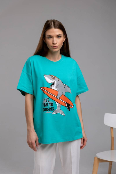 Круглогодичная майка из хлопка с принтом и стилем оверсайз Romgil 250ЛХАМ бирюзово-зеленый - фото 1