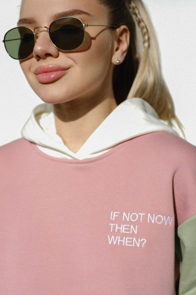 Розовый брючный костюм из трикотажа со свободным худи RAWR 339 пыльная_роза/молочный/олива - фото 7