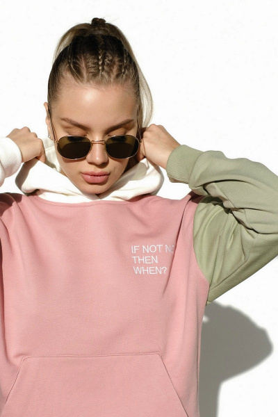 Розовый брючный костюм из трикотажа со свободным худи RAWR 339 пыльная_роза/молочный/олива - фото 6