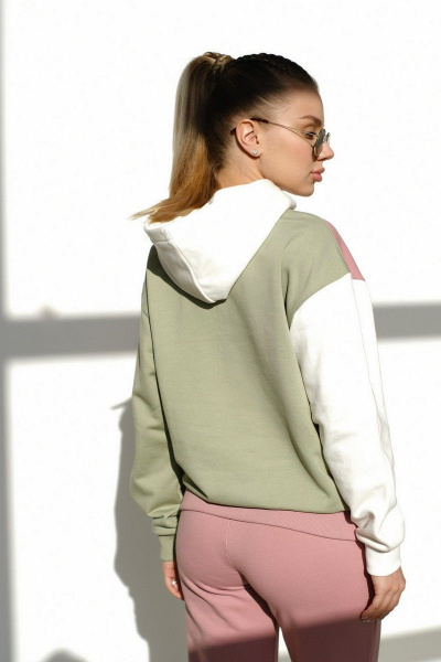 Розовый брючный костюм из трикотажа со свободным худи RAWR 339 пыльная_роза/молочный/олива - фото 3