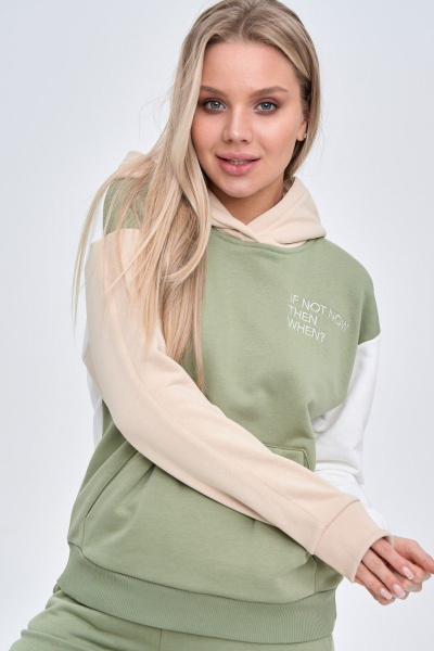 Брюки и худи спортивный костюм из трикотажа и хлопка RAWR 339 оливка/бежевый/молочный - фото 2