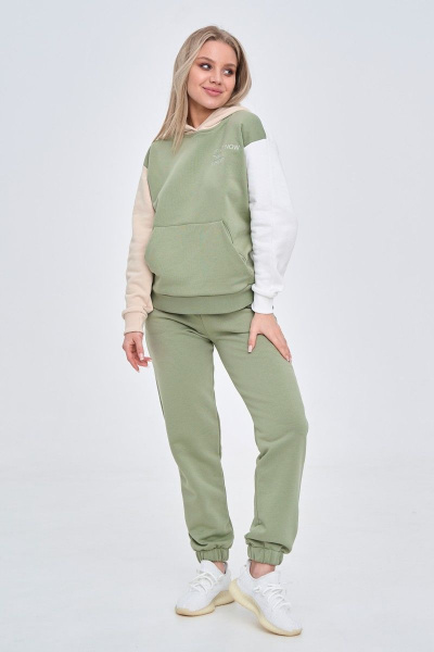 Брюки и худи спортивный костюм из трикотажа и хлопка RAWR 339 оливка/бежевый/молочный - фото 1