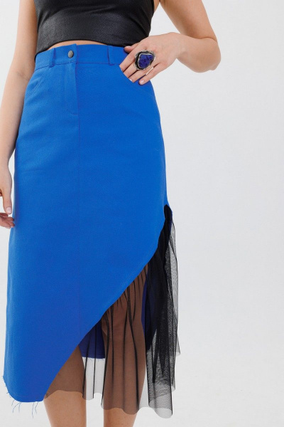 Юбка трапеция миди из джинса с карманами и декоративной вставкой Anelli 1279 василек - фото 3