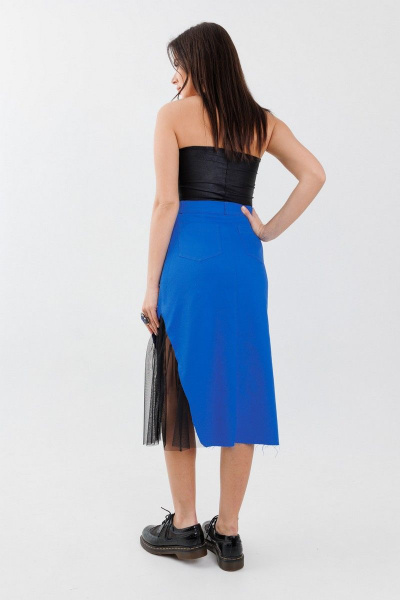 Юбка трапеция миди из джинса с карманами и декоративной вставкой Anelli 1279 василек - фото 2