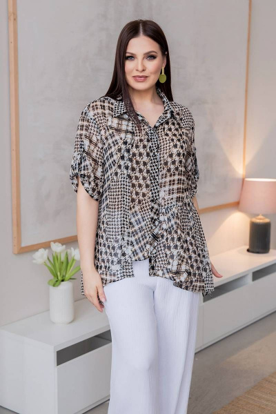 Летняя трапециевидная туника из вискозы-шифона с пуговицами ASV 2613 бело-черный - фото 2