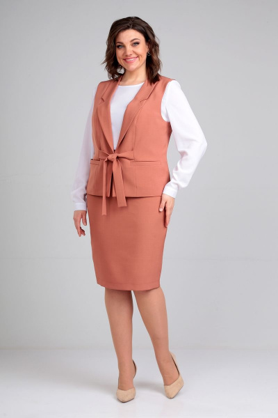 Жилет юбка и блуза в деловом стиле на подкладке Liona Style 861 терракот-белый - фото 1