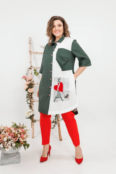 Комплект женский летний из шазюбля и зауженных брюки SandyNa 13591 хаки-красный - фото 4