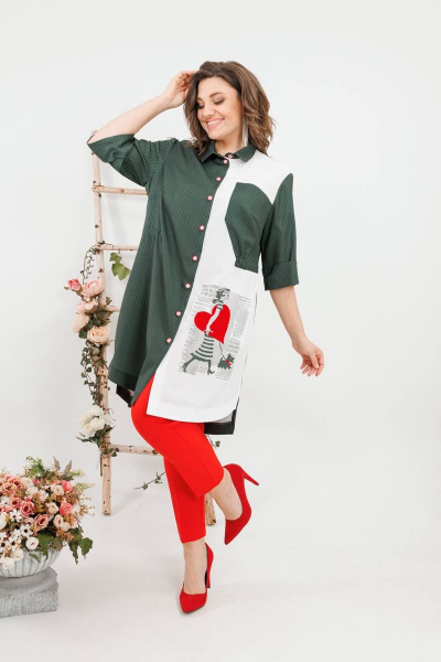 Комплект женский летний из шазюбля и зауженных брюки SandyNa 13591 хаки-красный - фото 3