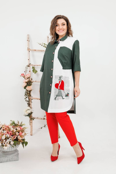 Комплект женский летний из шазюбля и зауженных брюки SandyNa 13591 хаки-красный - фото 2