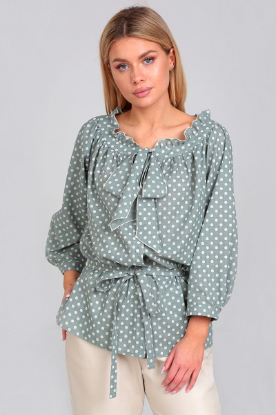 Демисезонная блуза с завязками и рюшей по воротнику Таир-Гранд 62167 зеленый - фото 1