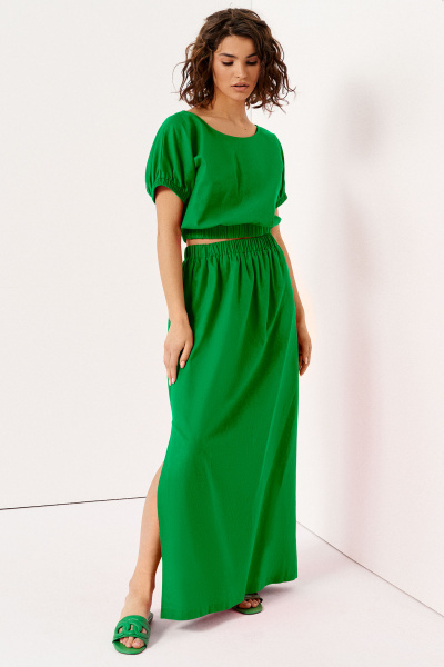 Летний костюм из льна блузка и юбка зеленая Панда 143110w зеленый - фото 1