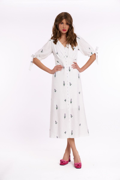 Облегающее платье с глубоким вырезом и сборками по линии груди KaVaRi 1036 молоко_лаванда - фото 1