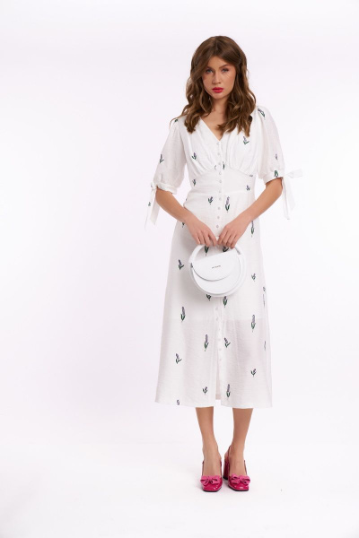 Облегающее платье с глубоким вырезом и сборками по линии груди KaVaRi 1036 молоко_лаванда - фото 3