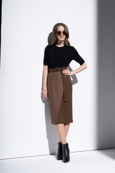 Коричневая комбинированная юбка с имитацией запаха и эко-кожей Barbara Geratti С8204BG шоколад - фото 1