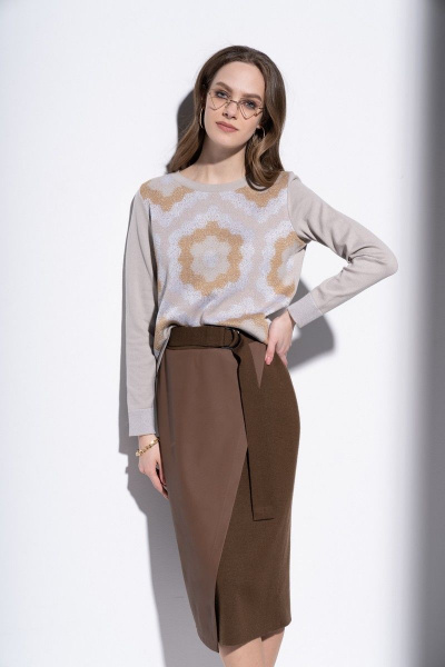 Коричневая комбинированная юбка с имитацией запаха и эко-кожей Barbara Geratti С8204BG шоколад - фото 2