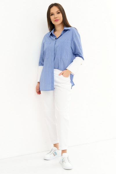 Свободная летняя блуза из текстиля с удлиненной манжетой Магия моды 2256 голубой_полоска - фото 6