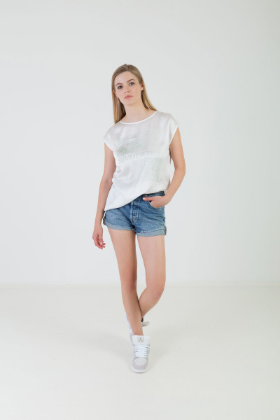 Белая атласная блуза с разрезами и печатью Elema 2К-12491-1-164 белый/олива_принт - фото 1