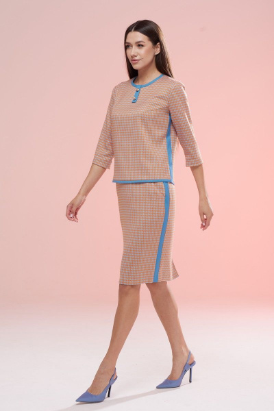 Демисезонный текстильный комплект: блузка и юбка с контрастными деталями Ларс Стиль 767 оранжева-голубая_лапка - фото 1