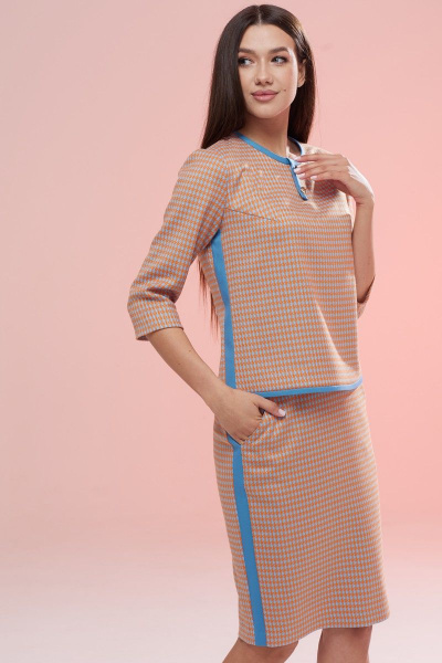 Демисезонный текстильный комплект: блузка и юбка с контрастными деталями Ларс Стиль 767 оранжева-голубая_лапка - фото 3