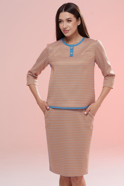 Демисезонный текстильный комплект: блузка и юбка с контрастными деталями Ларс Стиль 767 оранжева-голубая_лапка - фото 2