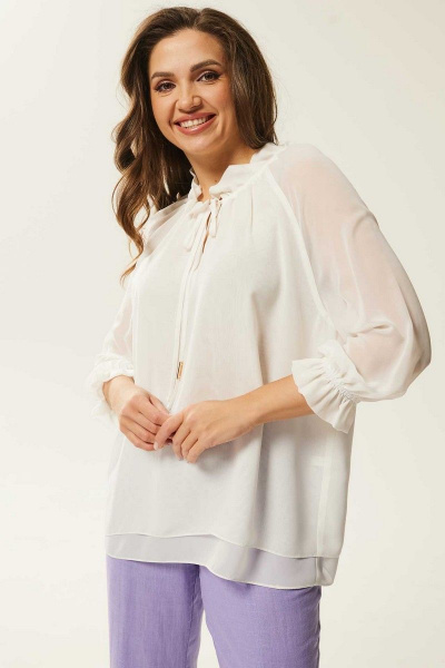 Белая свободная блуза с сборками и рукавами с резинкой Mislana 791 белый - фото 2
