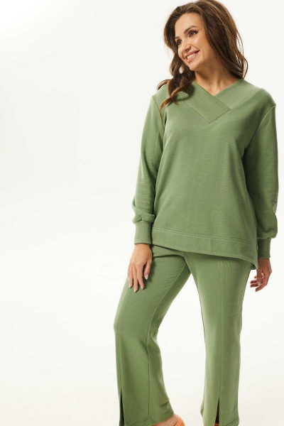 Костюм джемпер и брюки свободного кроя из хлопка Mislana С894 зеленый - фото 3