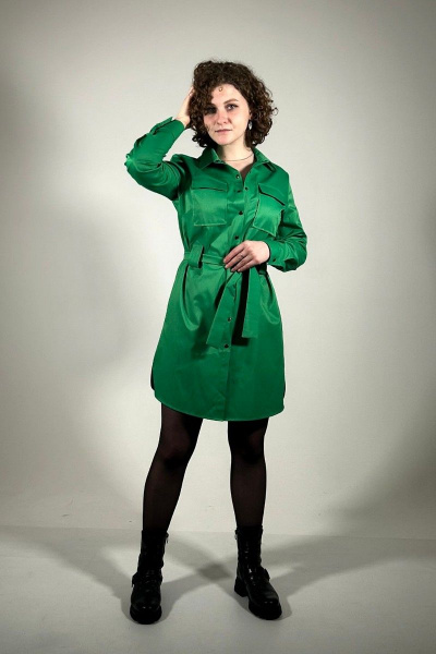 Платье-рубашка с накладными карманами и поясом Lady Smile 101 зеленый - фото 1