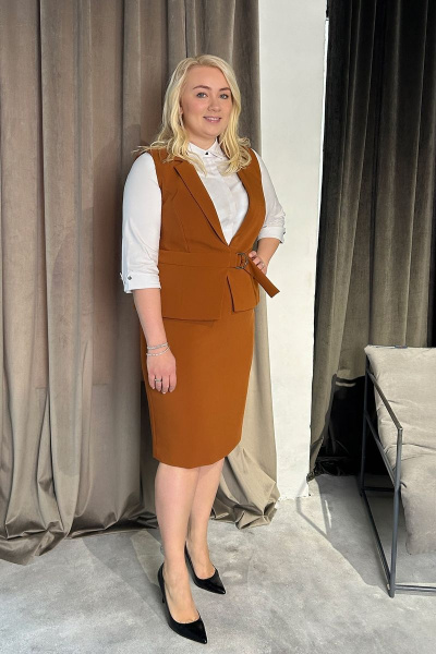 Костюм юбка и жилет большого размера деловой текстиль Панда 111810w горчичный - фото 1