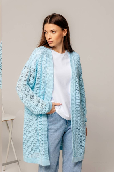 Ажурный кардиган прямого силуэта из хлопка для повседневной носки Romgil 734ХТЗ бледно-голубой - фото 5