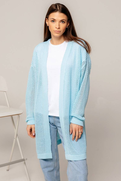Ажурный кардиган прямого силуэта из хлопка для повседневной носки Romgil 734ХТЗ бледно-голубой - фото 1