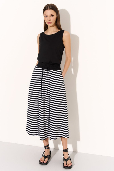 Трикотажный костюм майка и юбка с поясом DILIA 0745 черно-белая_полоска - фото 1