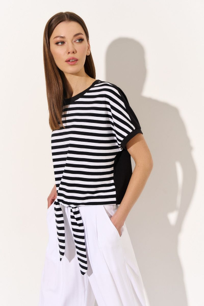 Трикотажная блуза приталенного силуэта с полосой в стиле casual DILIA 0751 черно-белая_полоска - фото 3