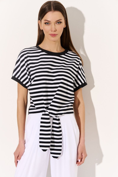 Трикотажная блуза приталенного силуэта с полосой в стиле casual DILIA 0751 черно-белая_полоска - фото 1