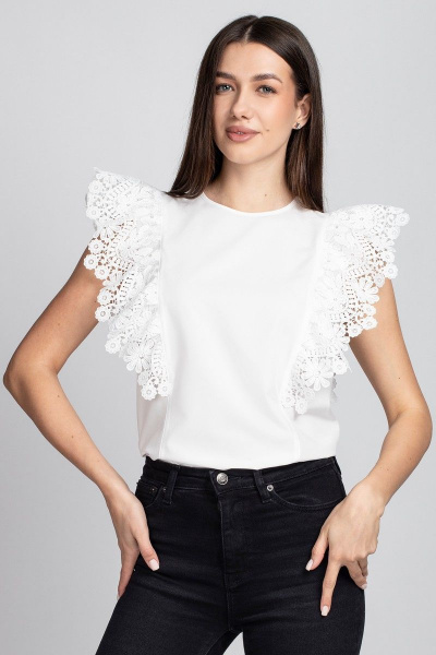 Белая блуза из вискозы и кружева с рюшей и капелькой VIZAVI 690 молочный - фото 1