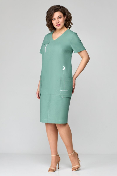 Платье с V-образным вырезом и накладными карманами из льна Мишель стиль 1122 мята - фото 1