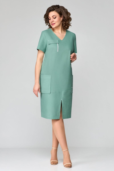 Платье с V-образным вырезом и накладными карманами из льна Мишель стиль 1122 мята - фото 3