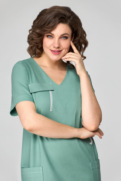 Платье с V-образным вырезом и накладными карманами из льна Мишель стиль 1122 мята - фото 7