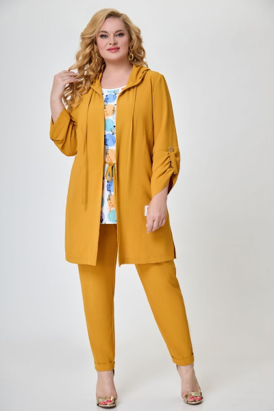 Трехпредметный костюм женский из текстиля с кардиганом, топом и брюками Svetlana-Style 1633 горчица - фото 1