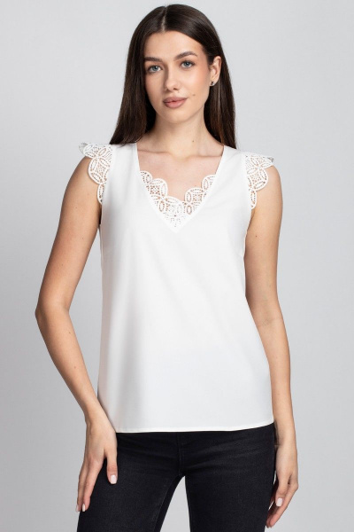 Блуза белая из вискозы и кружева с рюшей и воротом VIZAVI 681 молочный - фото 2
