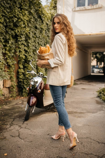 Бежевый летний жакет из льняной ткани с отложными лацканами Urs 22-990-1 - фото 9