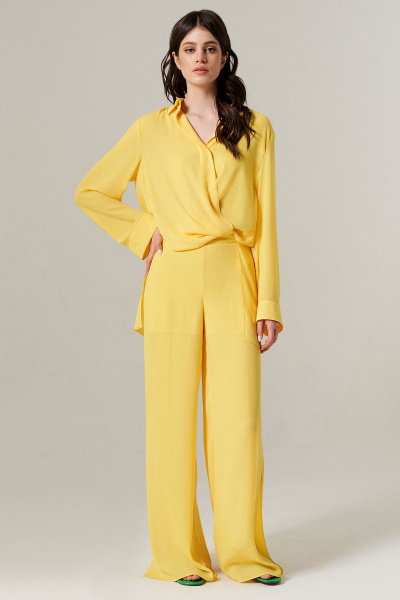 Брюки летние свободные из текстиля с высоким поясом Панда 149360w желтый - фото 1