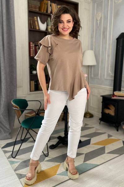 Джемпер с валаном и лодочной горловиной из трикотажа Rumoda 2122 капучино - фото 6