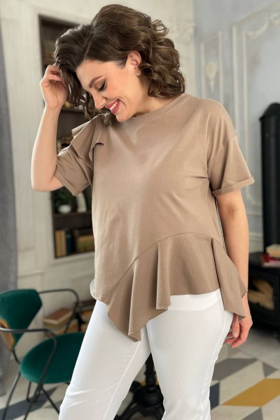 Джемпер с валаном и лодочной горловиной из трикотажа Rumoda 2122 капучино - фото 5