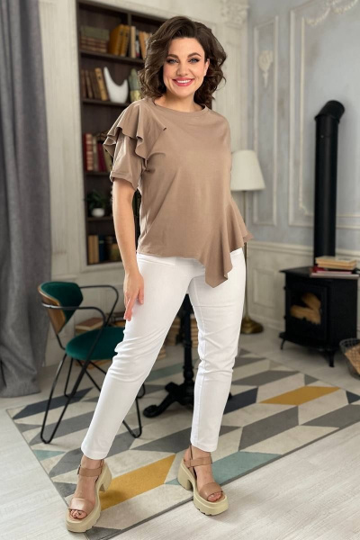 Джемпер с валаном и лодочной горловиной из трикотажа Rumoda 2122 капучино - фото 1